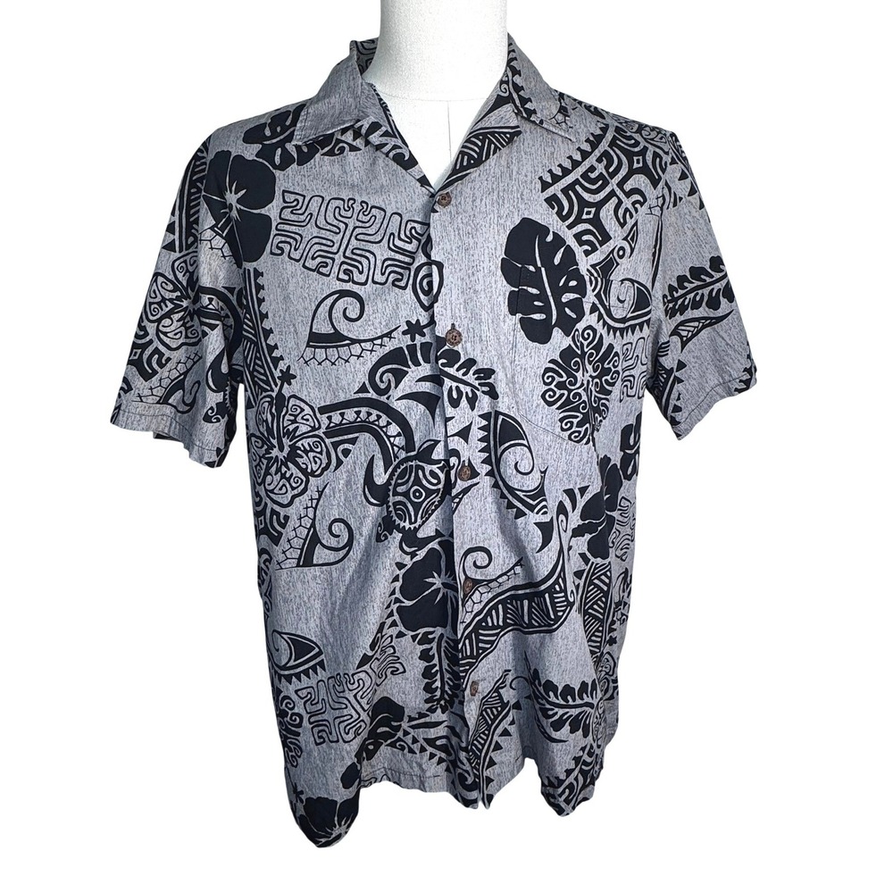 RJC Makapu'u Sportswear Men's Large Gray Black Tribal Print Hawaiian Shirt USA